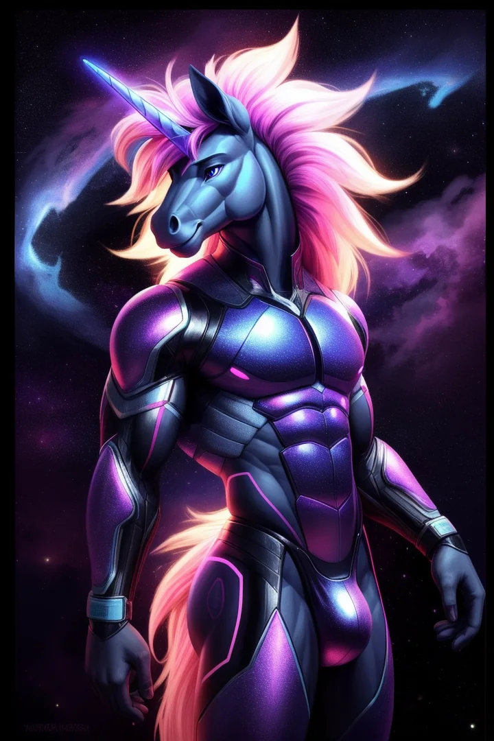 Nova, a celestial armored unicorn character with a luminous horn and pink cosmic mane.